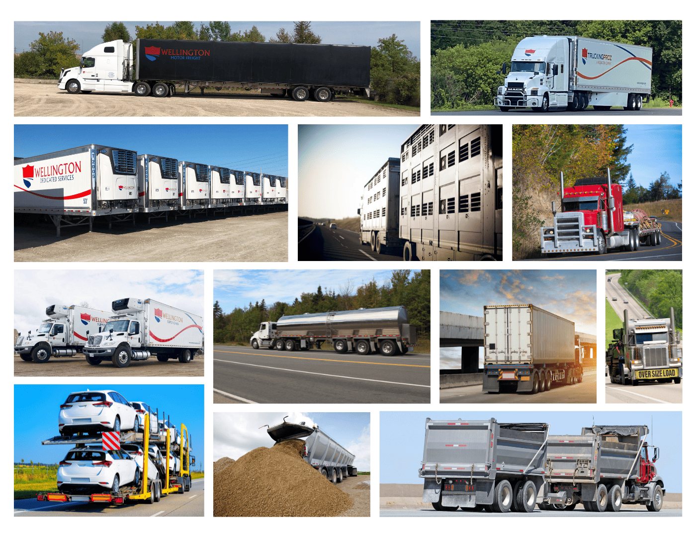 A collage of different equipment types commonly used in Full Truckload shipping including, roll tites, dry vans, reefers, temperature controlled trailers, livestock trailers, grain haulers, oversized loads, tanker trailers, dump trucks and more