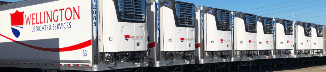 A line up of brand new refrigerated or 'reefer' trailers on a sunny day.