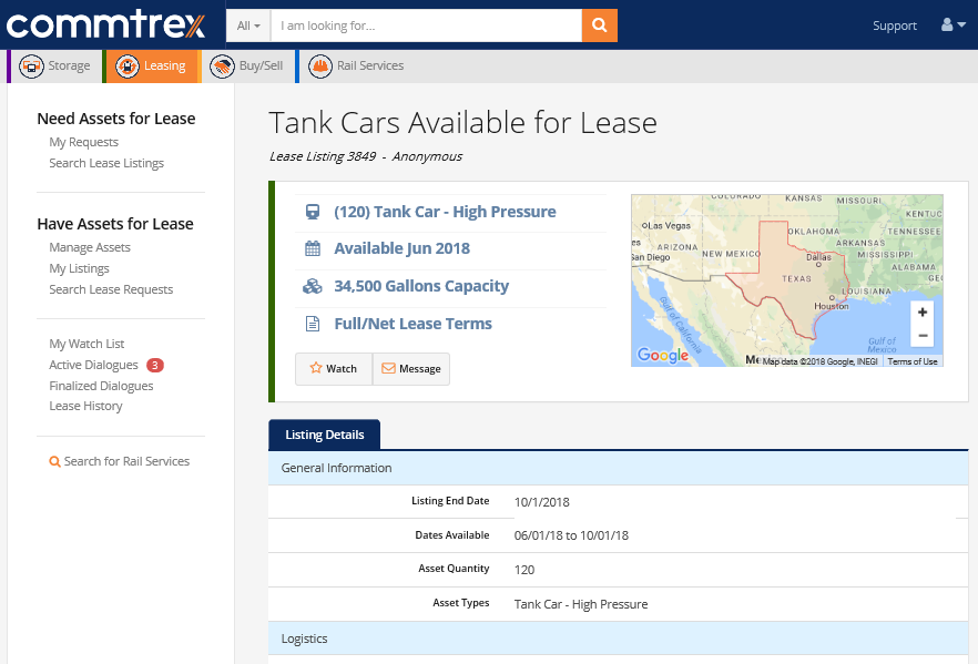 Lease Listing Tank Car